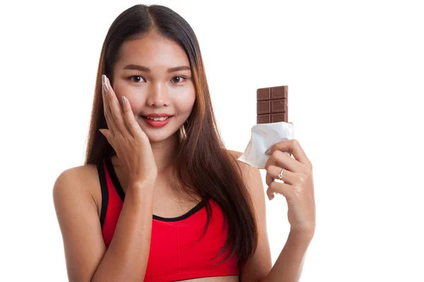 Szép egészséges ázsiai lány nagyon boldog, csokoládé. — Stock Fotó