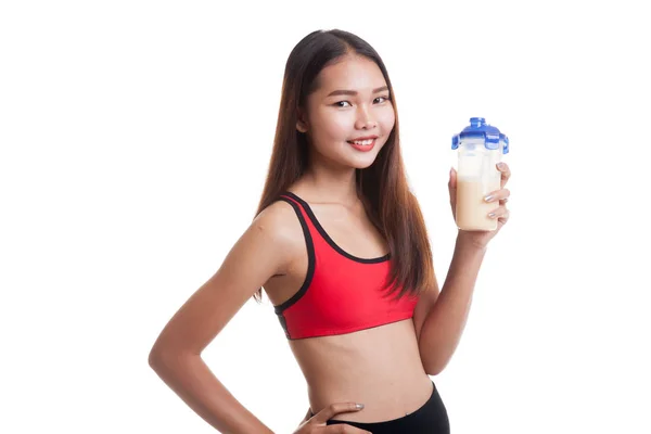 Beautiful Asian healthy girl with whey protein. — Stock Photo, Image