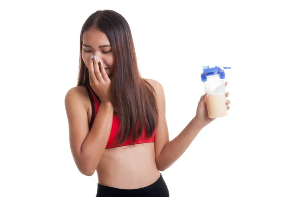 Bella asiatica sana ragazza odio proteine del siero di latte . — Foto Stock