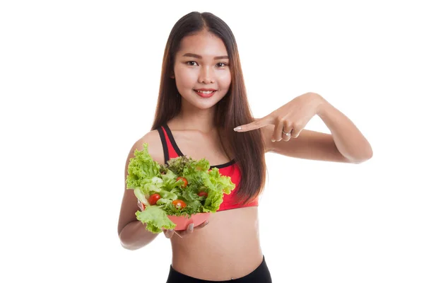 Beautiful Asian healthy girl point to salad. — Stock Photo, Image