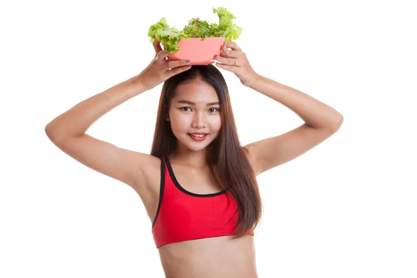 Hermosa chica sana asiática con ensalada . — Foto de Stock