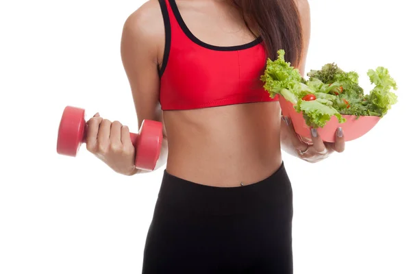 Asian healthy girl with dumbbell and salad. — Stock Photo, Image