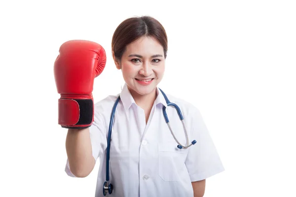Young Asian female doctor with boxing glove. — Stock Photo, Image