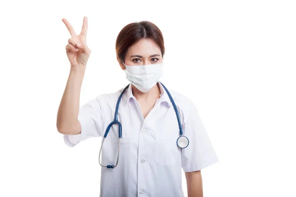 Young Asian female doctor show victory sign. — Stock Photo, Image