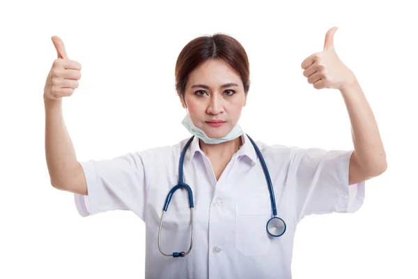 Young Asian female doctor show two thumbs up. — Stock Photo, Image