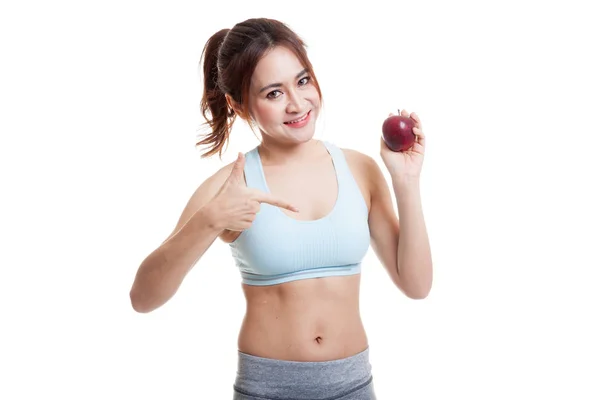 Beautiful Asian healthy girl point to apple. — Stock Photo, Image