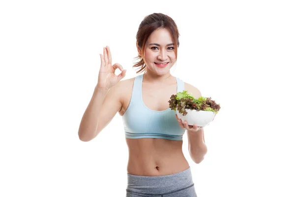 Beautiful Asian healthy girl show OK with salad. — Stock Photo, Image