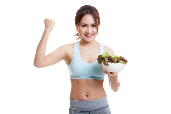 Beautiful Asian healthy girl fist up with salad. — Stock Photo, Image
