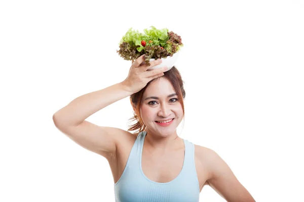 Menina saudável asiática bonita com salada . — Fotografia de Stock