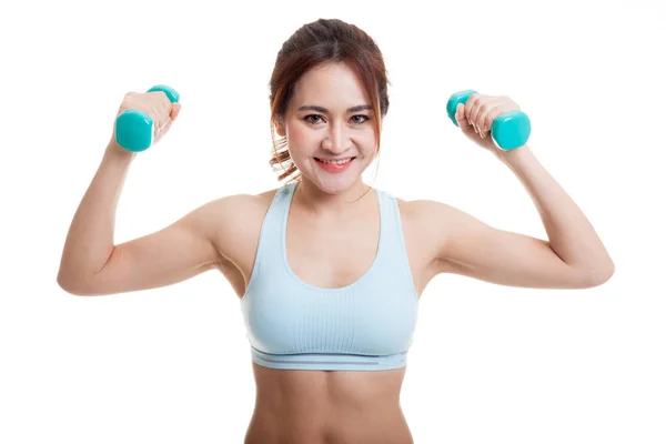 Beautiful Asian healthy girl exercise with dumbbell. — Stock Photo, Image
