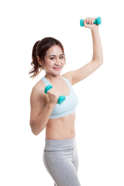 Bela ásia saudável menina exercício com haltere . — Fotografia de Stock