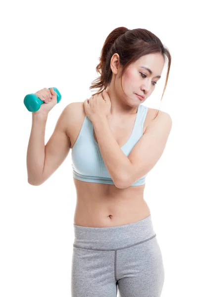 Asian healthy girl got shoulder pain with dumbbell. — Stock Photo, Image