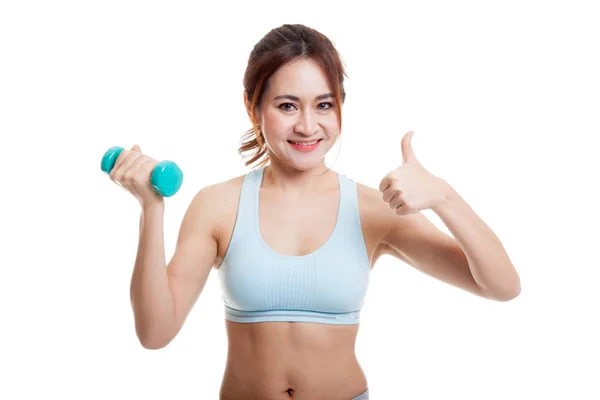 Hermosa asiática saludable chica pulgares arriba con dumbbell . — Foto de Stock