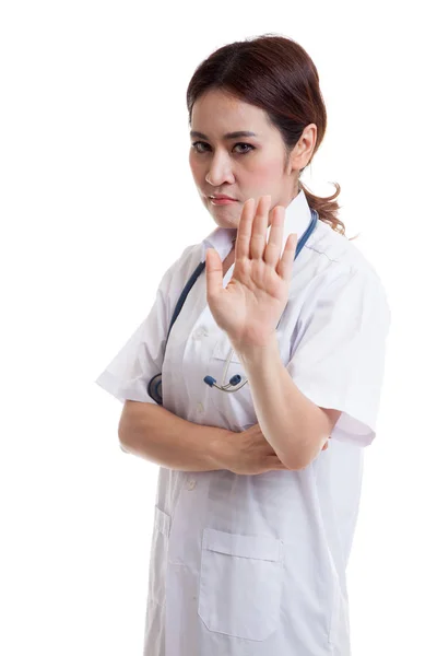 Aziatische jonge vrouwelijke arts zeggen praat met mijn hand. — Stockfoto