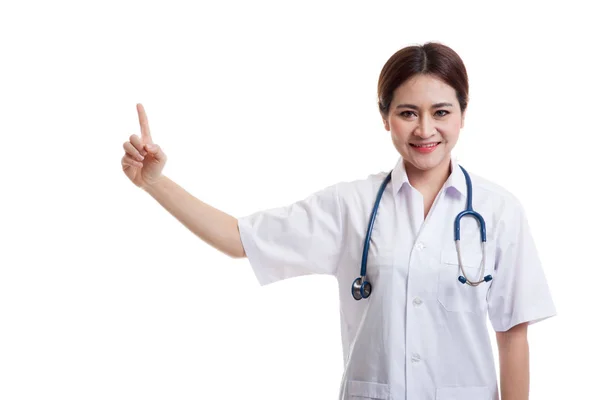 Asian young female doctor point to blank space. — Stock Photo, Image