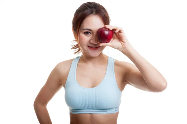 Азиатская здоровая девочка с яблоком . — стоковое фото
