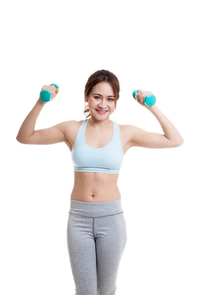 Bela ásia saudável menina exercício com haltere . — Fotografia de Stock