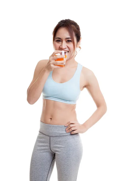 Piękny Asian dziewczyna zdrowe picie soku pomarańczowego. — Zdjęcie stockowe