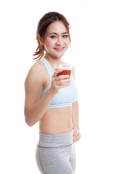 Hermosa chica asiática sana con jugo de tomate . — Foto de Stock