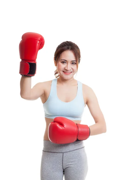 Beautiful healthy Asian girl with red boxing glove. — Stock Photo, Image