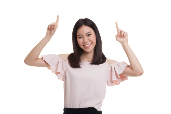 Jovem mulher de negócios asiática apontar para espaço em branco . — Fotografia de Stock