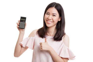 Hesap makinesi ile Asya iş kadın başparmak yukarıya.