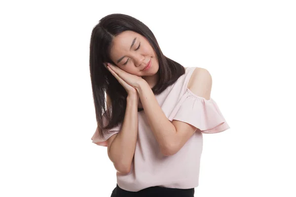 Beautiful young Asian woman with sleeping gesture. — Stock Photo, Image