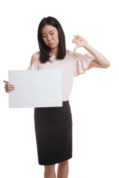 Young Asian business woman show thumbs down with  white blank si — Stock Photo, Image