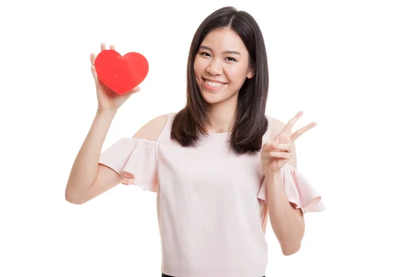 Asian business woman show victory sign with red heart. — Stock Photo, Image