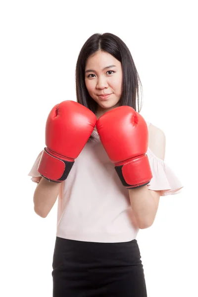 Young Asian business woman with red boxing gloves. — Stock Photo, Image