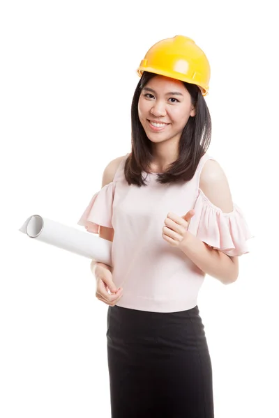Asiatico ingegnere donna con cianografie spettacolo pollice su . — Foto Stock