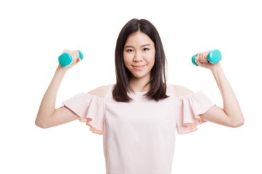 Sağlıklı Asya iş kadını dumbbells ile.