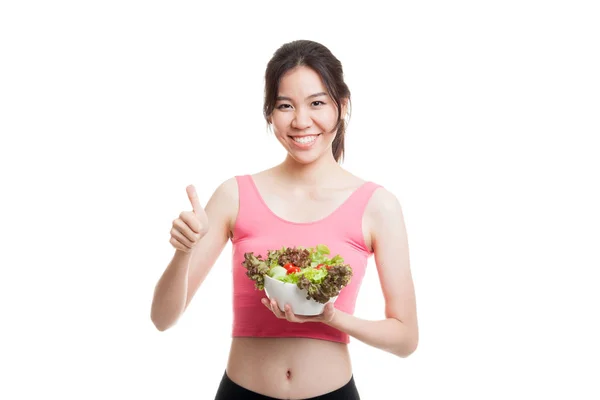 Schön asiatische gesunde Mädchen Daumen nach oben mit Salat. — Stockfoto