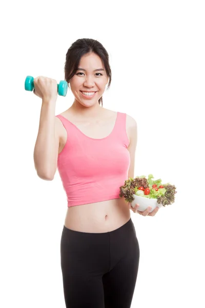 Beautiful Asian healthy girl with dumbbell and salad. — Stock Photo, Image