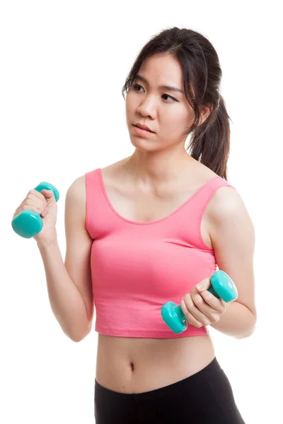 Tired Asian healthy girl exercise with dumbbell. — Stock Photo, Image