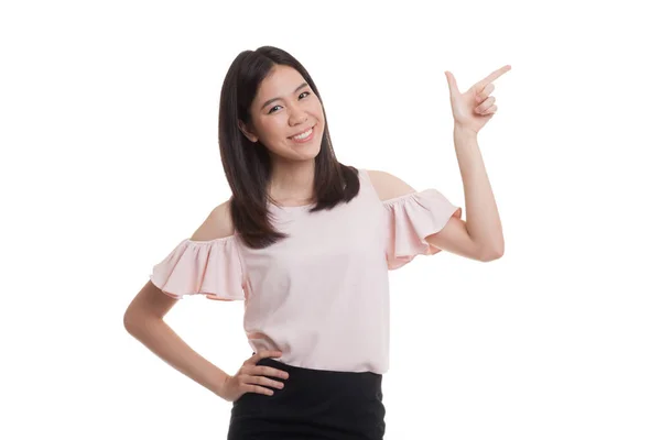 Jonge Aziatische zakelijke vrouw glimlach en punt. — Stockfoto