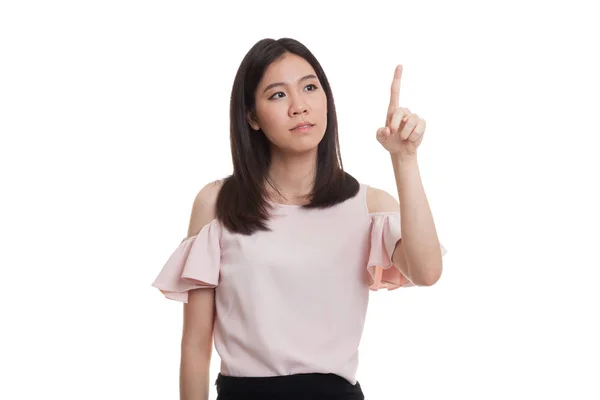 Aziatische zakenvrouw aanraken van het scherm met haar vinger. — Stockfoto