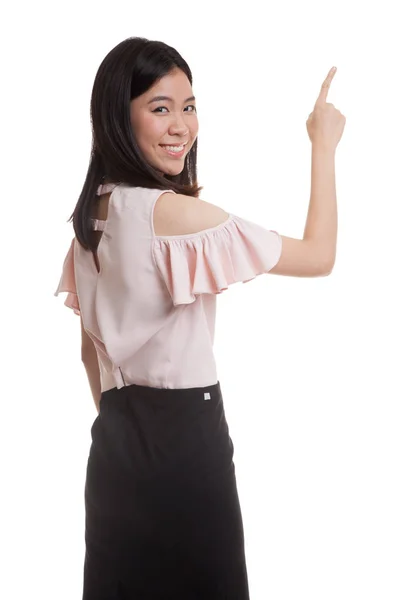Parte de trás da mulher de negócios asiática tocando a tela com o dedo — Fotografia de Stock