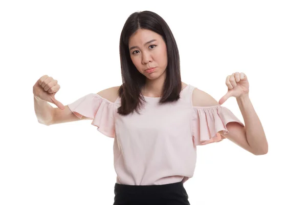 Feliz asiático oficina chica mostrar pulgares abajo con ambos manos . — Foto de Stock