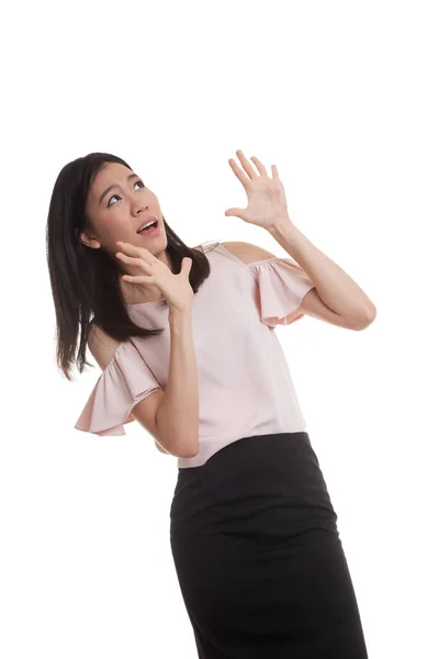 Excited young Asian business woman look up. — Stock Photo, Image