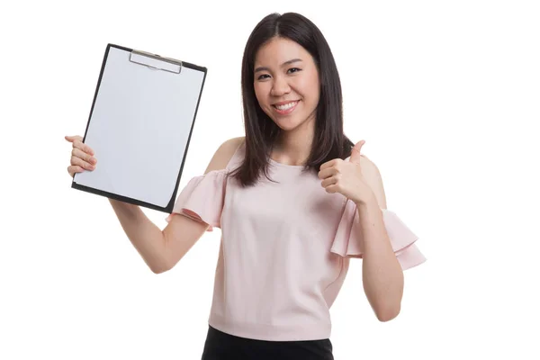 Asian business woman show thumbs up and blank clipboard. — Stock Photo, Image
