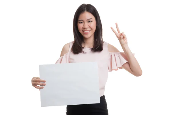 Young Asian business woman show victory sign with blank sign. — Stock Photo, Image