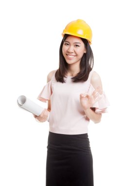 Asya mühendisi kadın planları Haritayı Ok el işareti ile.