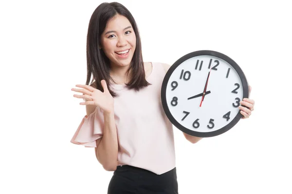 Boldog fiatal ázsiai üzleti nő egy óra. — Stock Fotó