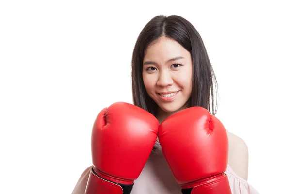 Young Asian business woman with red boxing gloves. — Stock Photo, Image