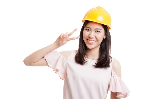 Ásia engenheiro mulher mostrar vitória sinal . — Fotografia de Stock