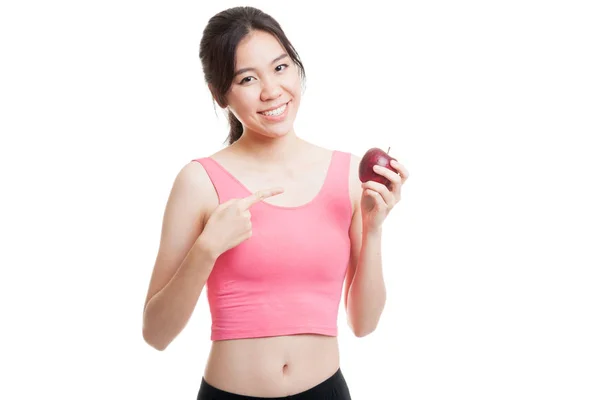 Азиатская здоровая девочка указывает на яблоко . — стоковое фото