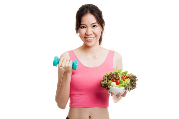 Beautiful Asian healthy girl with dumbbell and salad. — Stock Photo, Image