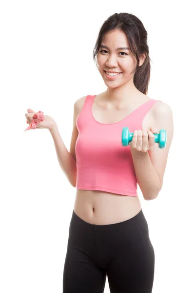 Beautiful Asian healthy girl with dumbbell and measuring tape. — Stock Photo, Image