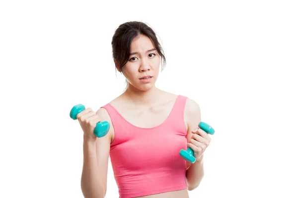 Tired Asian healthy girl exercise with dumbbell. — Stock Photo, Image